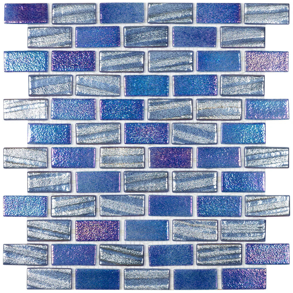 MODERN FUSION DKBL 1X2 STAGGERED AQUA NAVY BLUE GLOSSY GLASS - 555 MOSAIC TILE