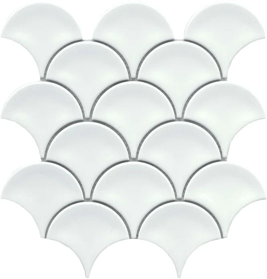 Classic 3X4 White Fan/Fish Scale Glossy Porcelain Mosaic Tile B2C-REWAWH1011MFN - B2C TILE OUTLET