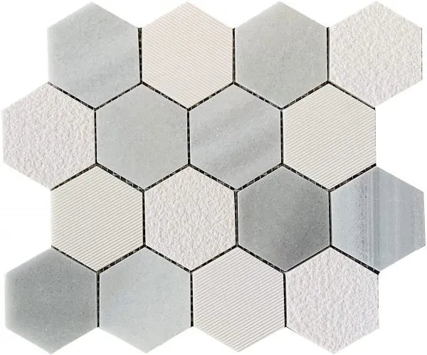 MODERN 3" WHITE GRAY STACKED HEXAGON POLISHED HONED MARBLE MOSAIC TILE - B2C TILE OUTLET