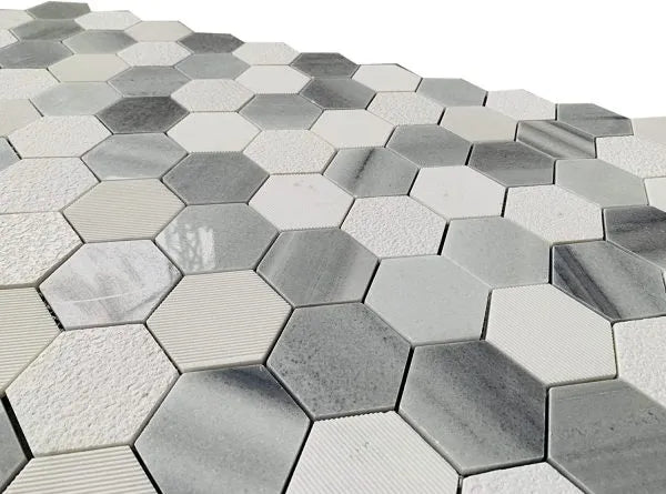 MODERN 3" WHITE GRAY STACKED HEXAGON POLISHED HONED MARBLE MOSAIC TILE - B2C TILE OUTLET