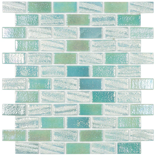 MODERN 1X2 SQUARES FUSION LTGR 1X2 STAGGERED AQUA LIGHT GREEN GLOSSY GLASS - MOSAIC TILE