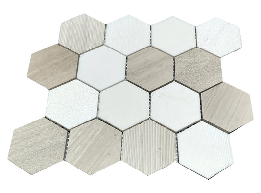 MODERN 3" WHITE BROWN GRAY STACKED HEXAGON POLISHED HONED MARBLE MOSAIC TILE - B2C TILE OUTLET