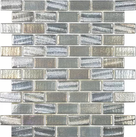 MODERN 1X2 SQUARES FUSION GRY 1X2 STAGGERED AQUA GREY GLOSSY GLASS - MOSAIC TILE