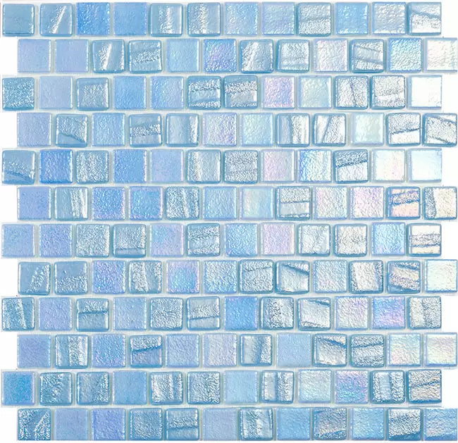 MODERN 1X1 SQUARES FUSION LT BL T  STAGGERED AQUA LIGHT BLUE GLOSSY GLASS - MOSAIC TILE