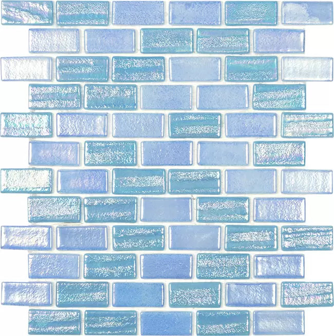 MODERN 1X2 SQUARES FUSION LTBL 1X2 STAGGERED AQUA LIGHT BLUE GLOSSY GLASS - MOSAIC TILE