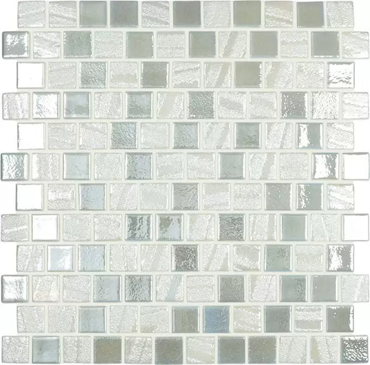 MODERN 1X1 SQUARES FUSION PEARL T STAGGERED AQUA WHITE GLOSSY GLASS - MOSAIC TILE