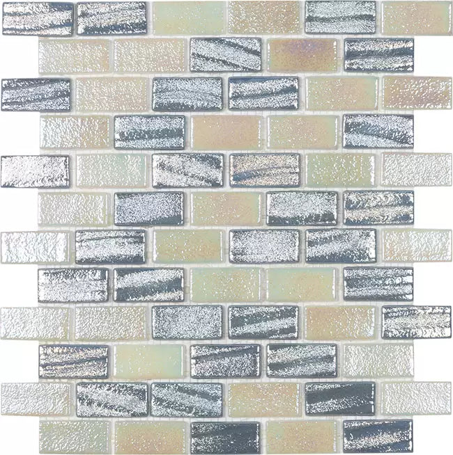 MODERN 1X2 SQUARES FUSION SLVR 1X2 STAGGERED AQUA SILVER GLOSSY GLASS - MOSAIC TILE