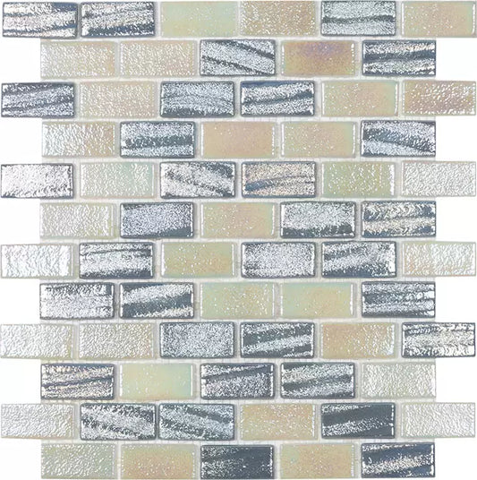 MODERN 1X2 SQUARES FUSION SLVR 1X2 STAGGERED AQUA SILVER GLOSSY GLASS - MOSAIC TILE