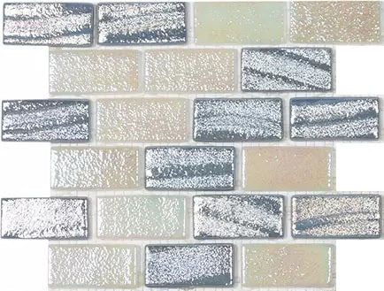 MODERN 1X2 SQUARES FUSION SLVR 1X2 STAGGERED AQUA SILVER GLOSSY GLASS - MOSAIC TILE