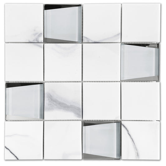 Modern 3X3 White Sqaures Glossy Recycled Glass Mosaic Tile B2C-LAMOWH1212MO3 - B2C TILE OUTLET