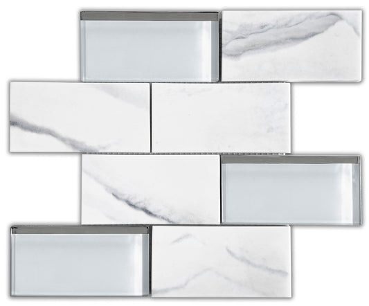 Modern 3X6 White Offset Subway Glossy Recycled Glass Mosaic Tile B2C-LAMOWH1212MOF - B2C TILE OUTLET